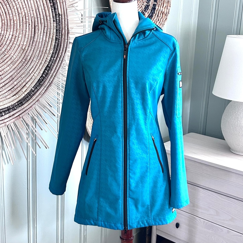 Kerrits Women M Teal Blue Softshell Equestrian Riding Jacket Hooded Fleece Lined